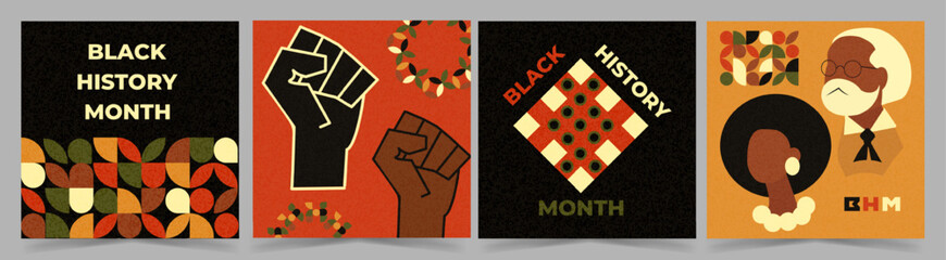 Obraz premium Vector Set of Posters for Black History Month with geometric patterns, raised fist symbol, afro silhouette and portraits. Cultural heritage, unity, equality, diversity and empowerment design concept.