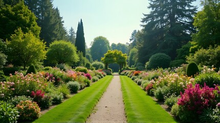 Formal Garden Path with Colorful Flowers and Lush Greenery Landscape