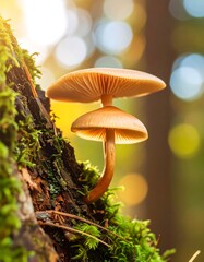 Two mushrooms on a mossy tree trunk bathed in sunlight