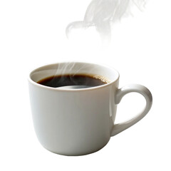 A hot cup of aromatic black coffee steaming in a white ceramic mug on a white background
