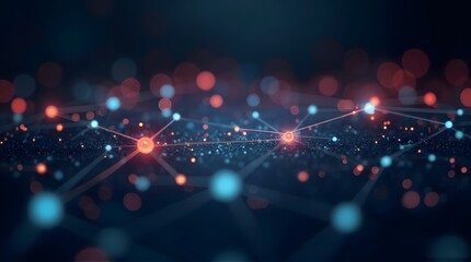 Abstract technology background with a glowing network of interconnected orange and blue nodes.