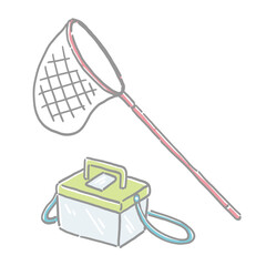 シンプルな虫取りあみとかごのイラスト