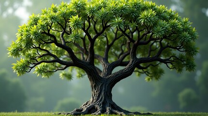 Ancient gnarled tree with vibrant green foliage and intricate branches on a misty meadow.