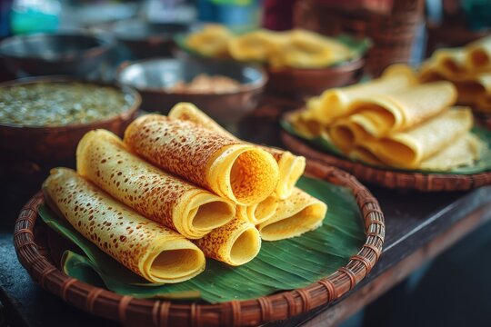 Explore Khanom Buang, the delicious Thai crepes known for their unique taste and ancient tradition, showcasing vibrant colors at a local market in Thailand during a bustling afternoon