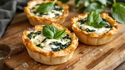 Delicious spinach and ricotta quiche recipe homemade mini quiches with fresh basil on wooden board food photography