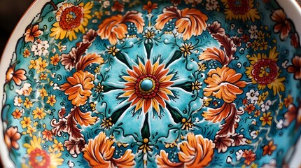 Vibrant hand-painted ceramic bowl with an intricate floral relief pattern in turquoise and orange.