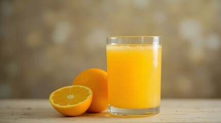 Freshly squeezed orange juice in a glass with whole and half oranges on a wooden table.