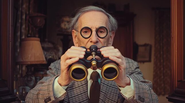 Cinematic photo of A retired Italian clockmaker in his 70s with round glasses and meticulous clothing, peering through vintage binoculars from his window, warm Mediterranean light,