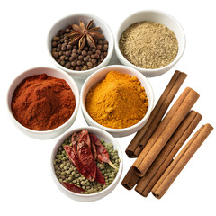 Assortment of Spices Aromatic Blend of Culinary Delights Featuring Cinnamon, Star Anise, and Pepper in Bowls