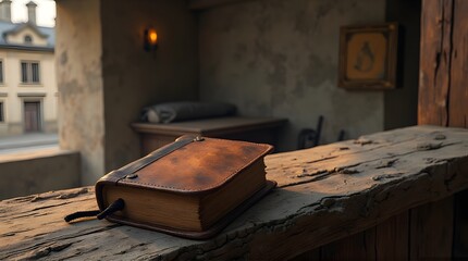 Vintage leather-bound journal on a rustic wooden ledge in a dimly lit, historic room.