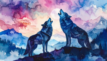 Two wolves howling at a vibrant moonlit mountain landscape