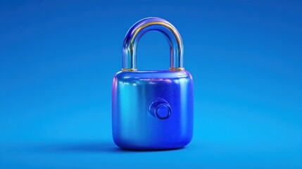 A vibrant blue lock with iridescent highlights against a vivid blue background presents a strong visual metaphor for security.