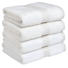 Neatly folded stack of plush white bath towels with textured details, perfect for a spa or hotel setting
