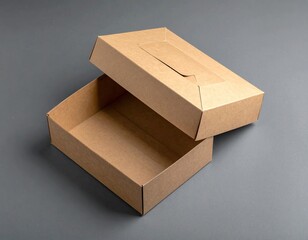 Empty, light brown cardboard box with hinged lid slightly ajar, resting on a gray surface