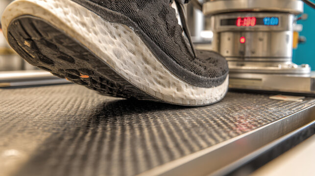 Black athletic shoe on textured surface in a modern laboratory or fitness environment with equipment in the background and a focus on performance testing or analysis. - Powered by Adobe
