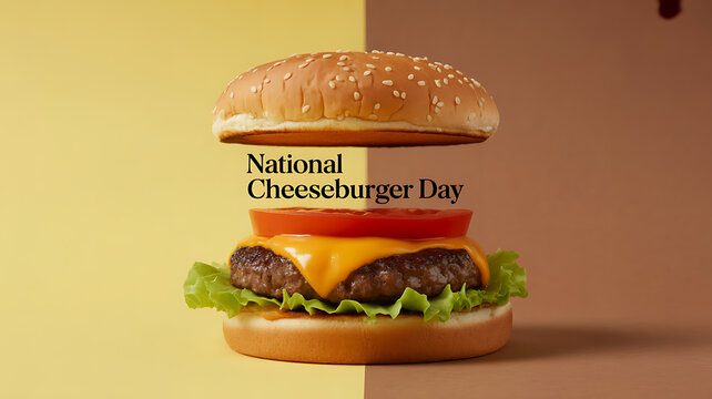 A close-up of a classic cheesburger with melted cheese, tomato, lettuce, and sesame seed bun against a two-tone background, celebrating National Cheeseburger Day.