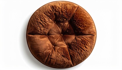 Overhead view of a round, tufted, brown velvet cushion or seat