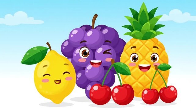 happy cartoon fruits group lemon grapes pineapple cherries