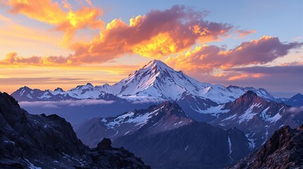 Beautiful mountain landscape scenic view of snow capped peaks and dramatic sunset sky photography art