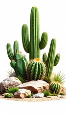 A cluster of cacti of varying sizes and shapes nestled amongst rocks and sparse desert vegetation, set against a stark white background