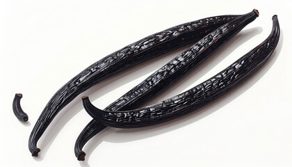 Three dark brown, cured vanilla beans, slightly curved, lie on a white background; one is broken into pieces
