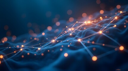 Abstract technology background with glowing orange network connections over a blue digital landscape.
