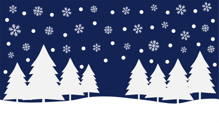 Obraz premium Winter Forest Landscape with Snowfall and Pine Trees on Dark Blue Sky. Seasonal Christmas Background Illustration for Holiday Greeting Cards, Posters, and Festive Designs