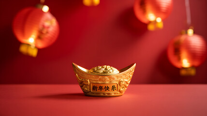Fototapeta premium Golden ingot with Chinese New Year greeting on red background, surrounded by glowing lanterns