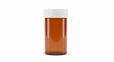 A clear amber glass prescription bottle with a white cap, isolated on a white background, ready for medication storage.