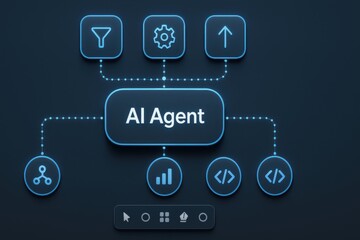 Fototapeta premium AI Agent block with top utilities and bottom toolbar, dotted connectors to analytics and code nodes 
