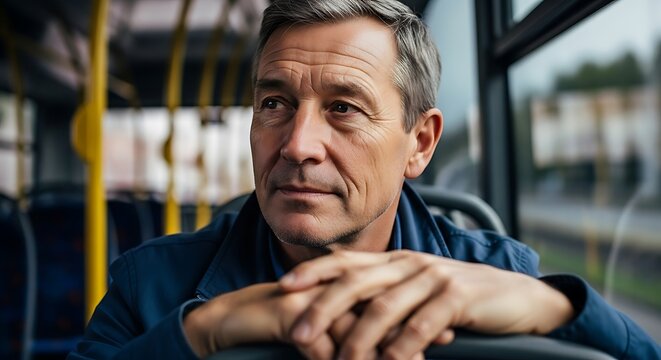 Thoughtful mature man sits contemplatively on a bus, gazing out the window.