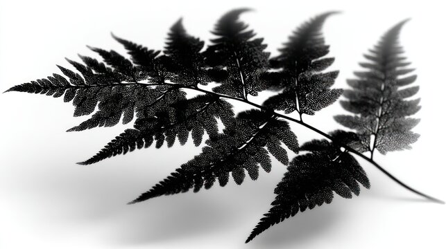 A detailed close-up view of a fern frond, showcasing intricate patterns and delicate details against a pure white background.