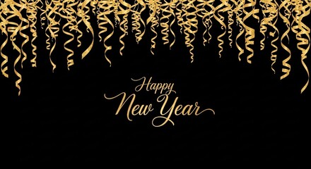 Golden New Year: A festive New Year's composition with elegant gold ribbons, set against a sleek black backdrop, conveys an air of sophistication and celebration.