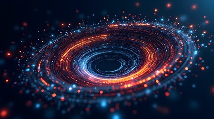 Futuristic digital vortex with glowing blue and orange light particles