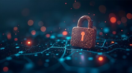 Digital Security Concept: A Textured Padlock on a Glowing Network with Bokeh Lights