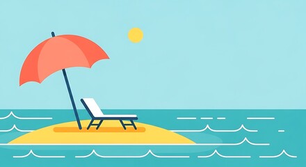 Obraz premium A serene beach scene depicts a small island with a beach chair and umbrella, bathed in sunny light.