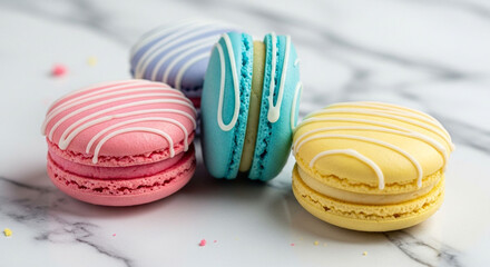 Obraz premium Colorful macarons pastel french macarons dessert bakery sweets confection delicious food photography gourmet treat
