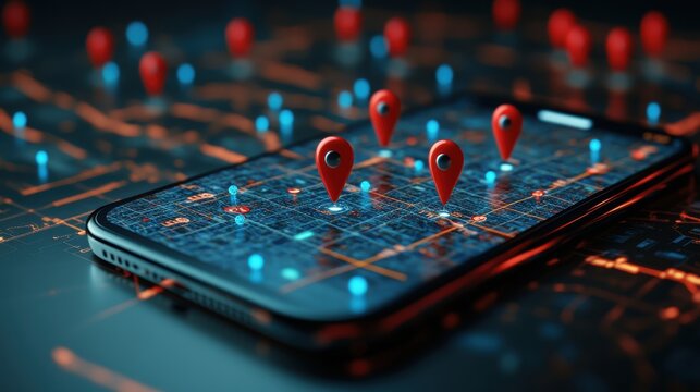 Smartphone Displaying Red Location Markers on a Glowing Blue Circuit Board Background - Powered by Adobe