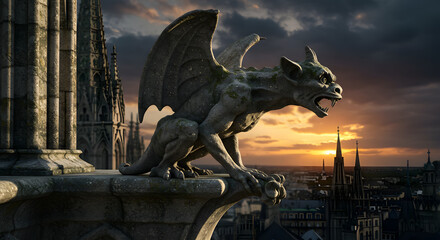 Gargoyle Statue Overlooking Medieval City at Sunset