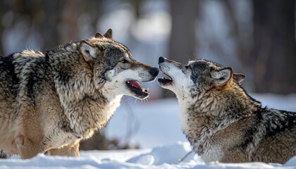 Two wolves in snowy forest