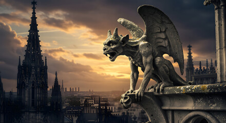 Gargoyle Statue on Building Overlooking City at Sunset