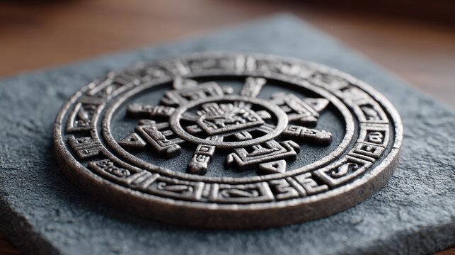 Ancient Ornate Silver Coin Macro Cinematic HDR Artifact on Stone Slab