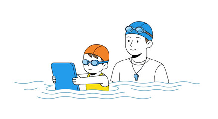 Cartoon illustration of a child learning to swim with a coach, showcasing aquatic education and recreational water activities for stock images.