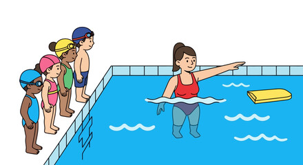Swimming instructor guiding children in a pool, teaching water safety and swimming techniques for educational materials and promoting swimming lessons for kids