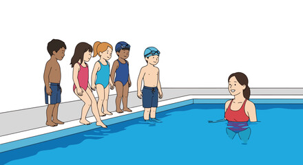 Children's Swimming Lesson Illustration Featuring Young Learners and a Swimming Instructor in a Pool. Ideal for educational materials, swimming programs, and children's activity guides.
