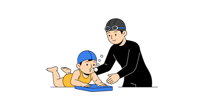 Child's First Swimming Lesson with Instructor. Perfect visual for children's swimming lessons, water safety campaigns, or aquatic skill development.