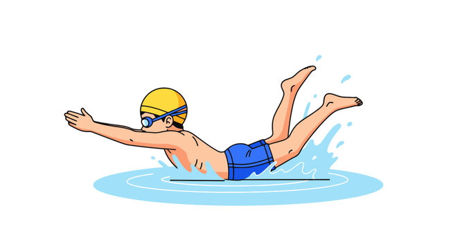 Animated Illustration of a Young Swimmer in Action, Ideal for Promoting Swimming Lessons, Water Safety Education, or Children's Health and Fitness Campaigns