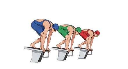 Competitive Swimming Start Illustration Depicting Swimmers on Starting Blocks Ready to Dive for Races, Training, and Educational Resources
