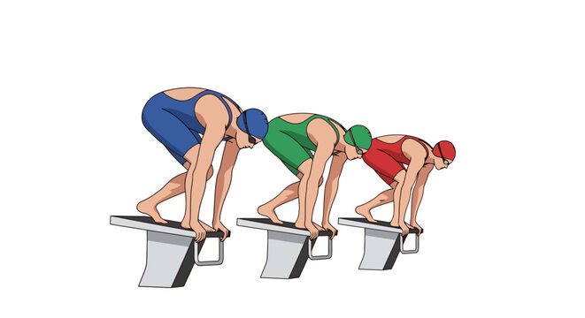 Competitive Swimming Start Illustration Depicting Swimmers on Starting Blocks Ready to Dive for Races, Training, and Educational Resources