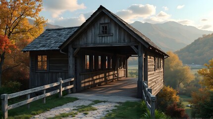 Rustic wooden covered bridge nestled in vibrant autumn foliage with mountain backdrop